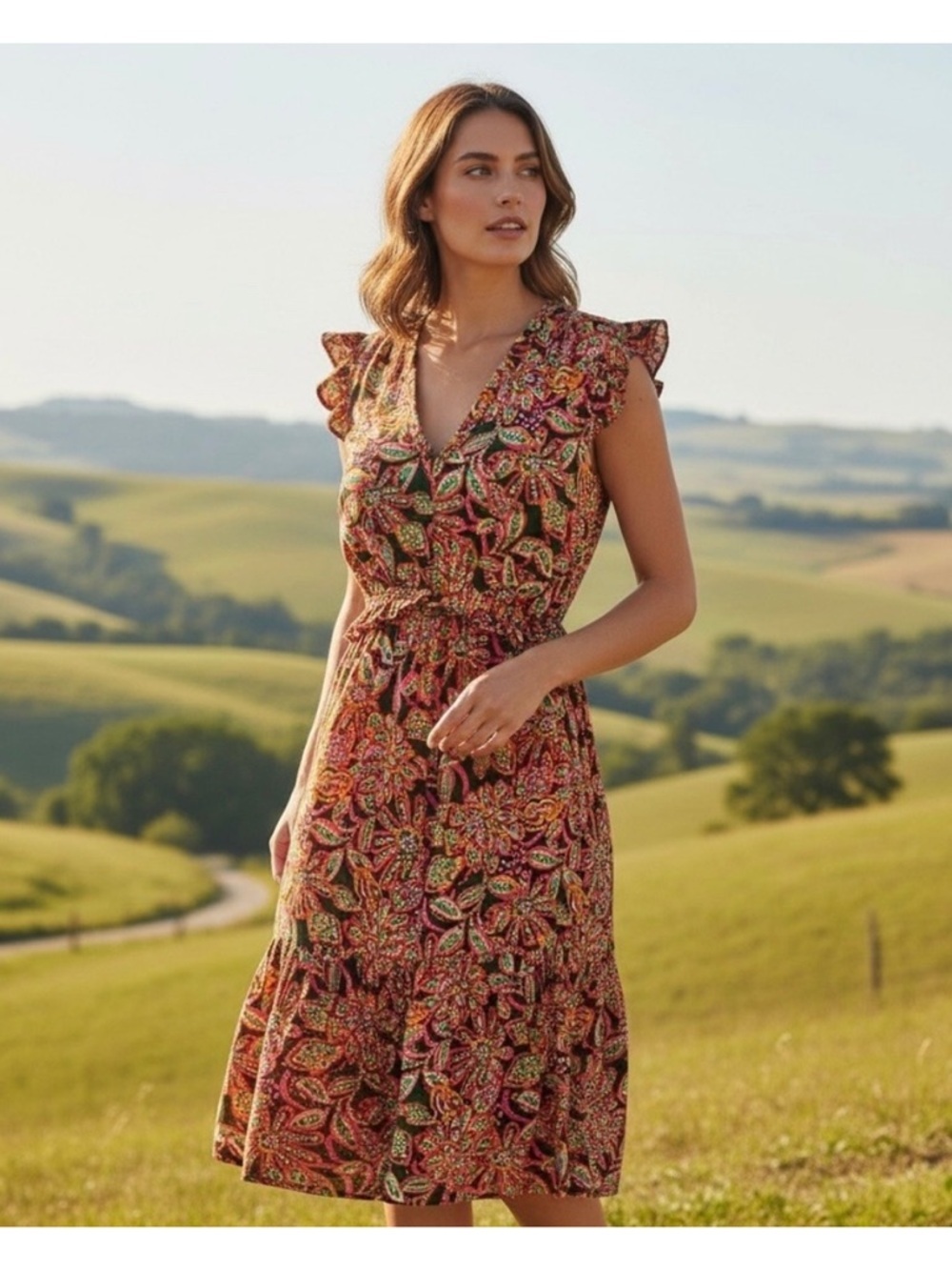 J. Crew Paisley Midi Dress ruffle tired summer boho size 2 Green red pink fun